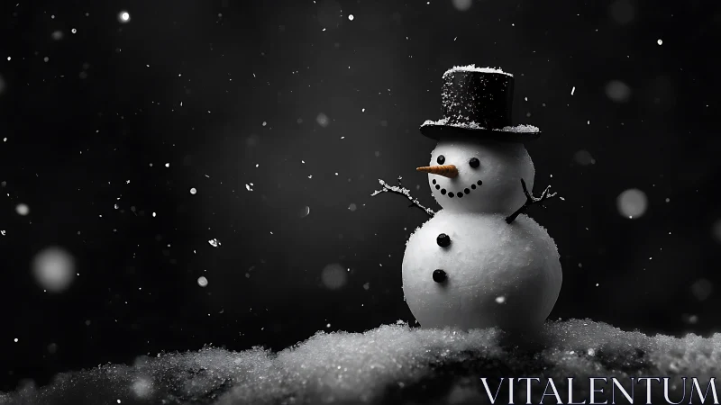 Snowy night snowman smiling under a soft winter glow.