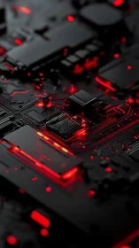 Black circuit board with red illuminated electronic pathways.