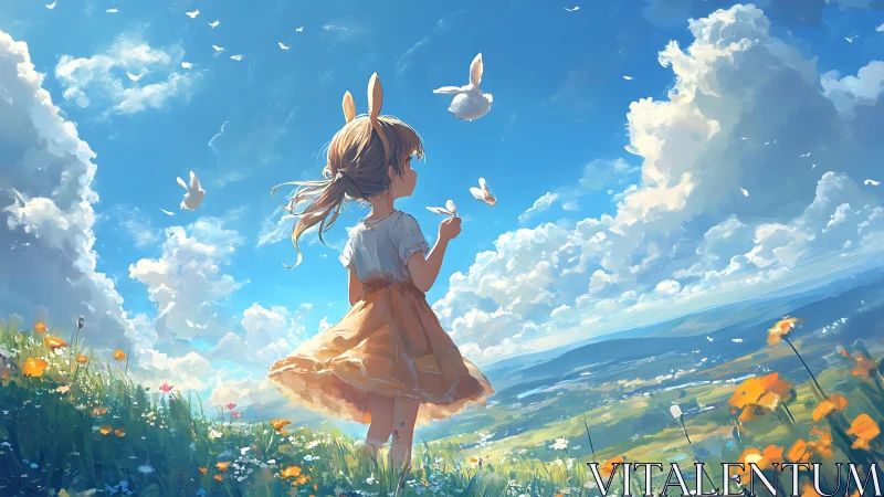 Girl with rabbit ears under bright clouds on wildflower hill.