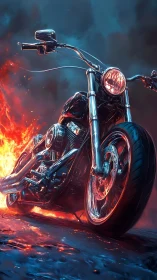 Flaming custom motorcycle roars through a stormy neon night