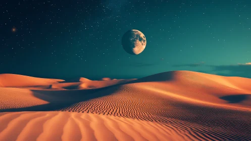 Moonlit dunes breathe under a teal-tinted cosmic sky