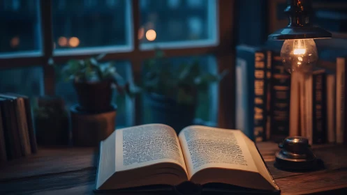 Open hardcover book lies on wooden desk under warm lamp