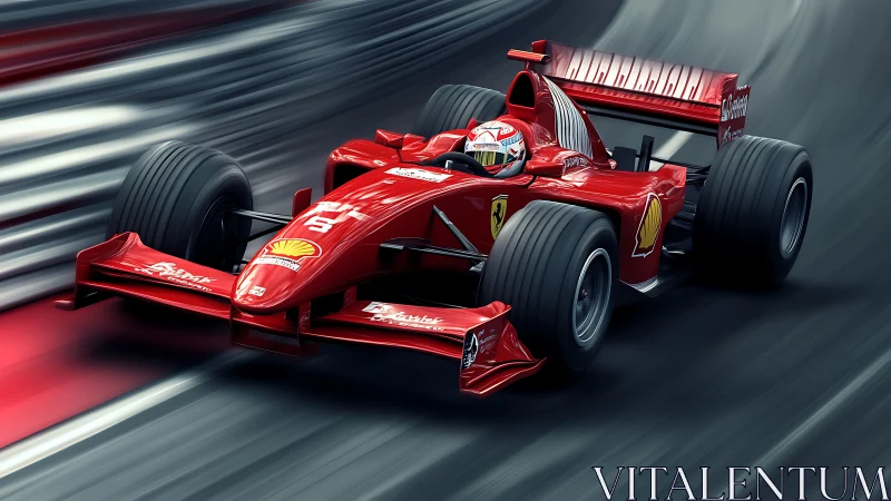 Red Formula One car powers through high-speed racetrack curve.