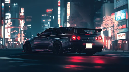 Midnight tuner skyline cuts through neon city glow.