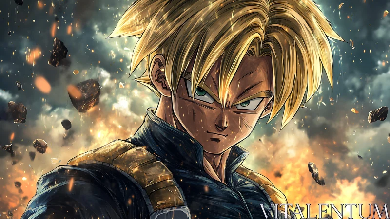 Blond anime warrior stands defiant amid fiery destruction