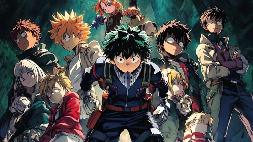 Heroic anime teens stand united with fierce, determined energy