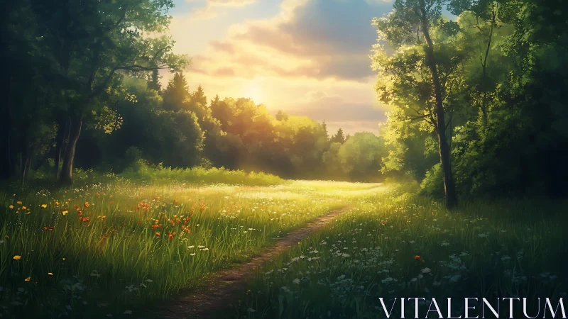 Sunlit forest meadow path under warm glowing evening sky.