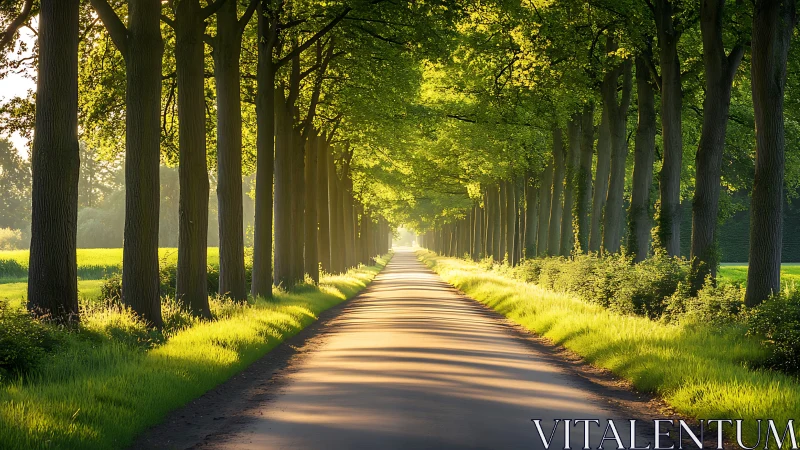 Sunlit tree corridor stretches toward a softly glowing horizon