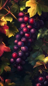 Digital painting study of grape clusters with autumn foliage.