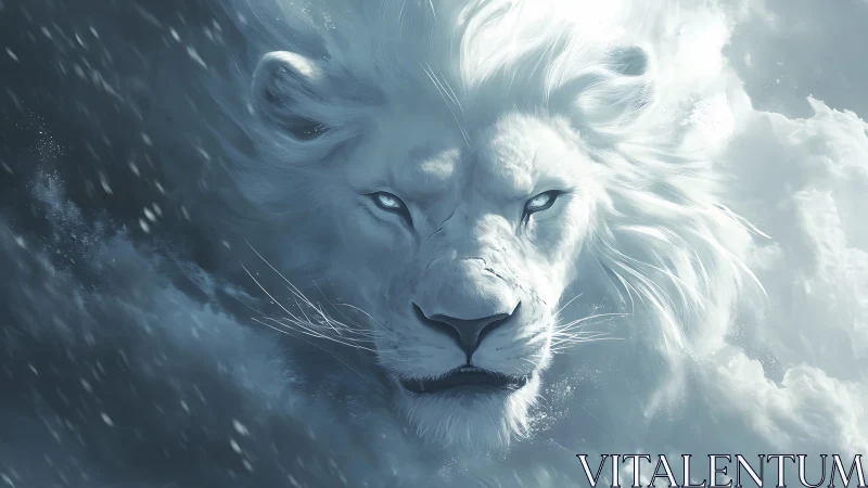 Ethereal white lion portrait in storm-forged digital painting.