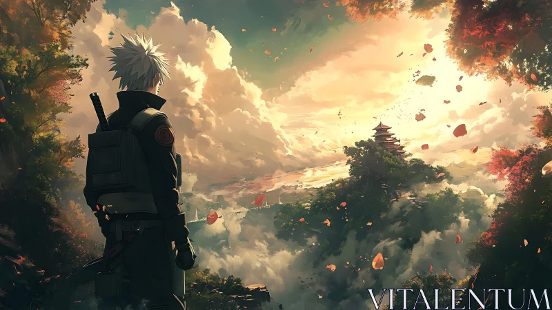 White haired ninja overlooks distant temple at sunset.