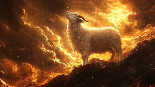 White sheep stands on dark ridge amid luminous cloud field