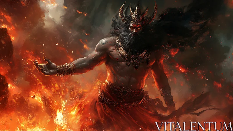 Infernal warlord rising amid molten storm of embers.