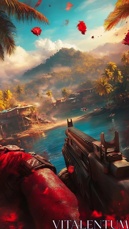 First-person shooter perspective overlooking tropical island combat zone