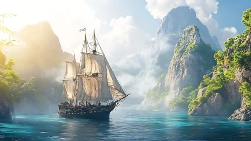 Sailing ship moves through narrow tropical coastal passage