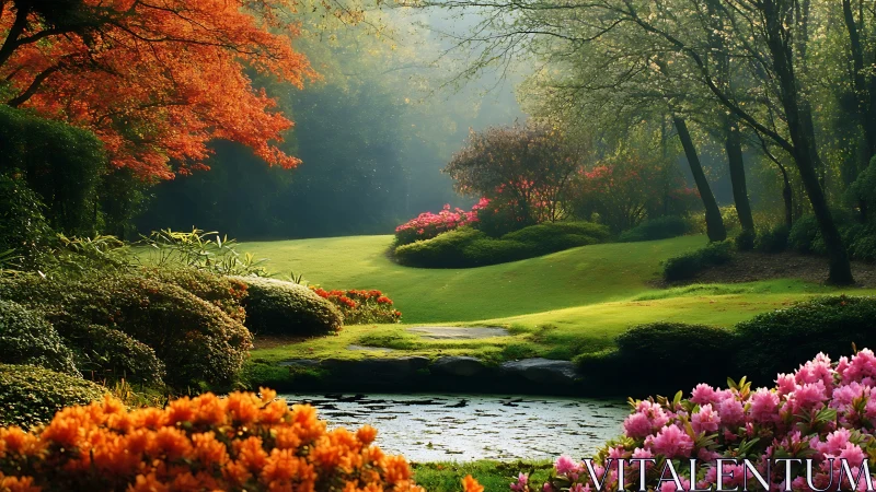 Luminous garden landscape with layered spring and autumn color.