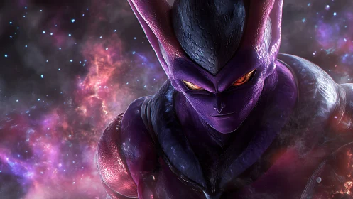 Galactic horned warrior glares through swirling cosmic storm.