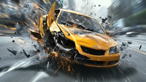 High-speed yellow sedan impact with dynamic debris field and motion blur