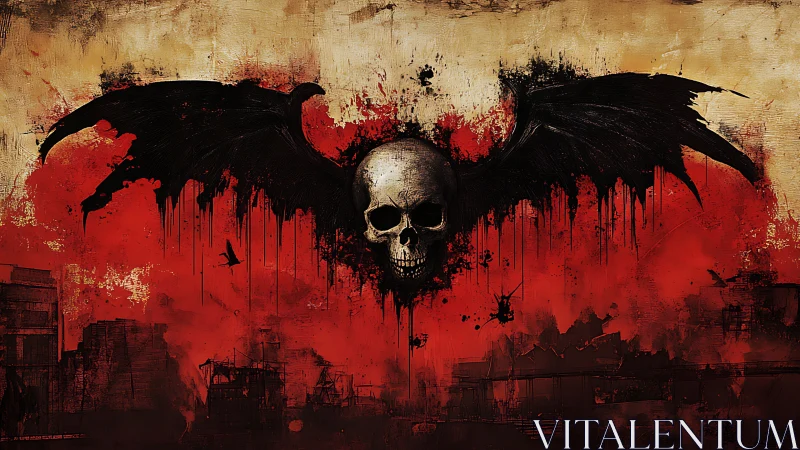 Winged skull streaks through a blood-soaked urban horizon