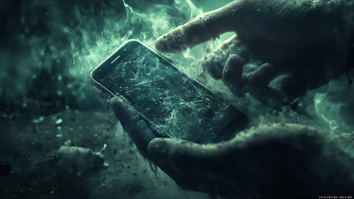 Hands hold a smartphone partially submerged in turbulent liquid