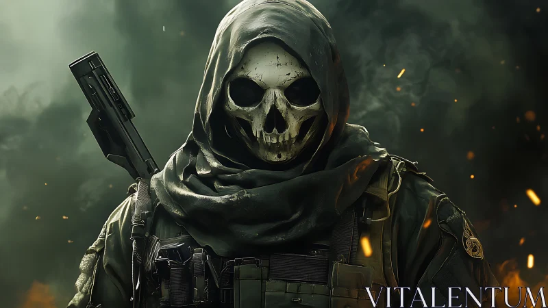 Hooded skull soldier standing calm in drifting battle smoke.