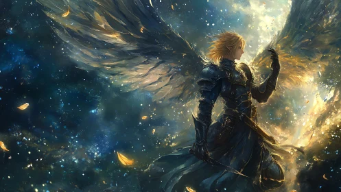 Radiant winged warrior pauses in a quiet storm of golden light
