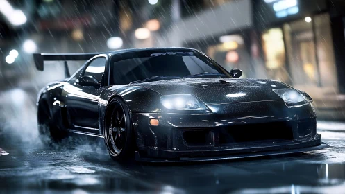 Midnight tuner car drifting through neon city rainstorm.