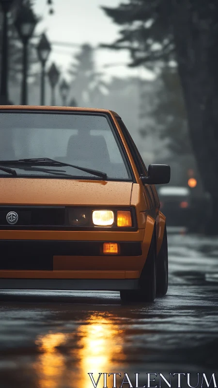Orange retro car on wet street in moody rainy evening.