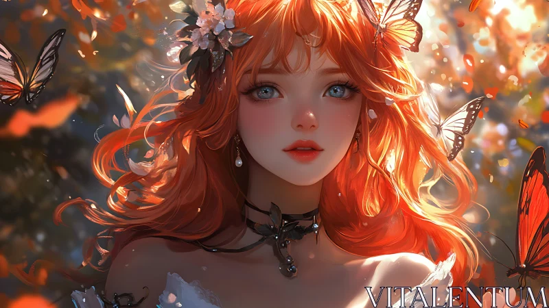 Radiant red‑haired forest nymph rendered in luminous anime style