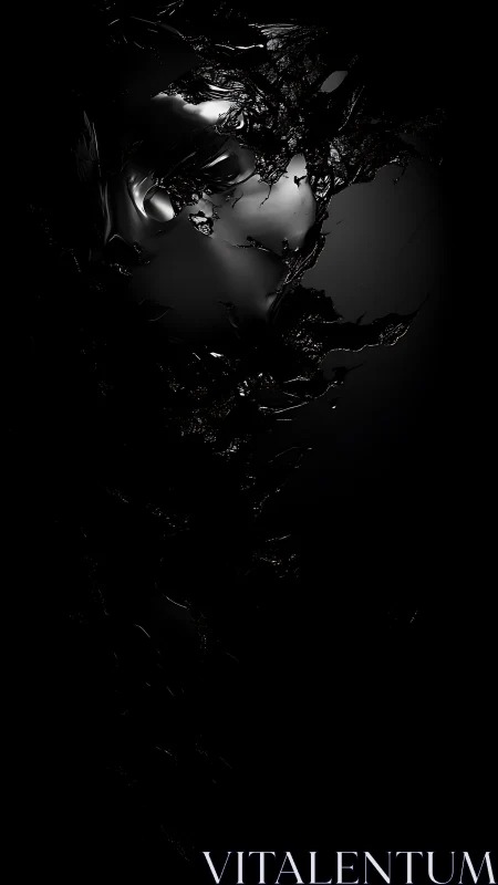 Dark metallic face emerging from fractured black void.