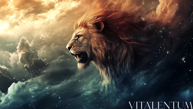 Lion head emerging within abstract cloud and space field.