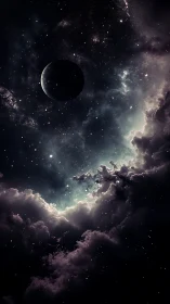 Gentle moon drifting above glowing clouds and stardust sky.