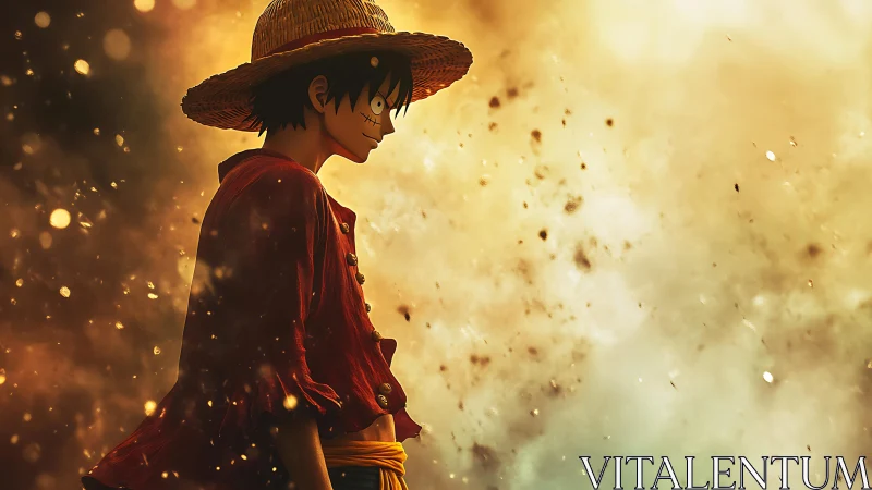 Anime pirate boy in straw hat against glowing sparks.