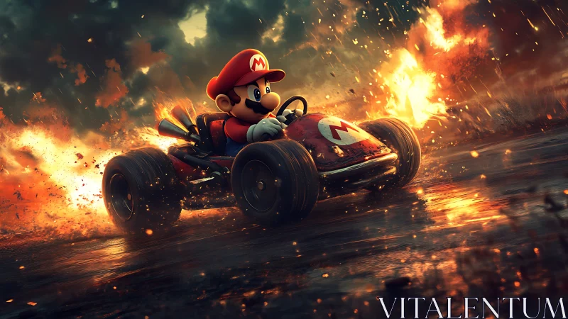 Kart racer speeds through fiery track under stormy sky