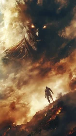 Lone warrior climbs burning slope toward vast fire demon.