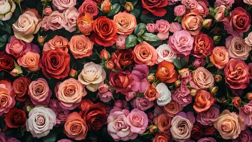 Lush Garden of Multicolored Roses and Blooms.