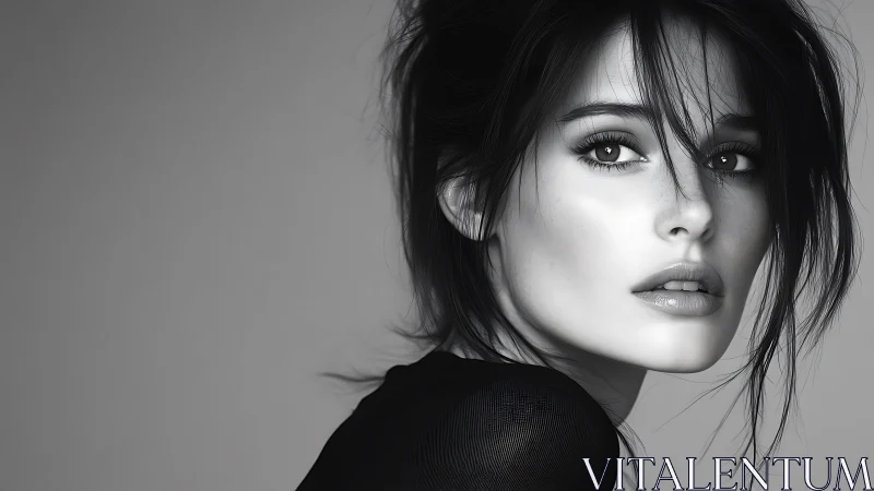 Black and white close-up portrait of woman with loose hair.