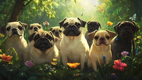 Pug friends gathered in a sunlit forest of wildflowers.