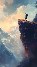 Solitary hiker on narrow cliff ledge above misted valley.