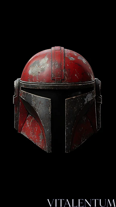 Red weathered sci fi combat helmet on black background.