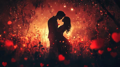 Silhouetted Couple Kissing Among Glowing Heart-Shaped Bokeh Particles