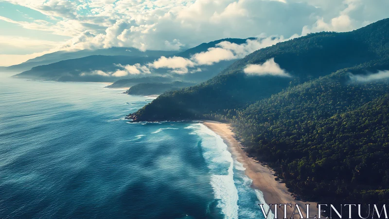 Coastal Mountain Landscape with Forested Cliffs and Sandy Beach