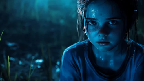 Blue-lit distressed girl portrait in cinematic close-up frame.