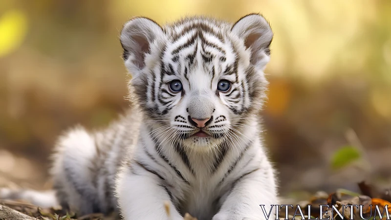 White tiger cub rests in golden forest light, eyes shining