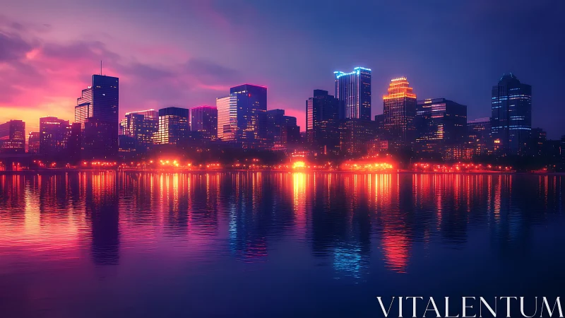 Neon-lit city skyline glows over calm river at twilight