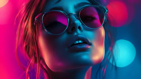 Portrait depicts stylized female face under neon bicolor lighting