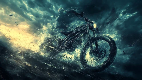 Dynamic motorcycle drift cuts through stormy water with cinematic lighting