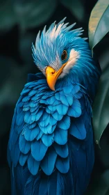 Vibrant blue parrot preens feathers against dark foliage
