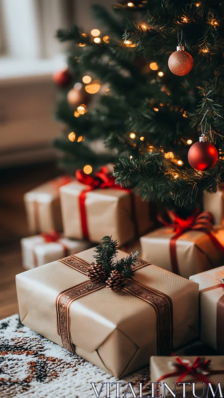 Wrapped Christmas gifts under lit tree with red ornaments.