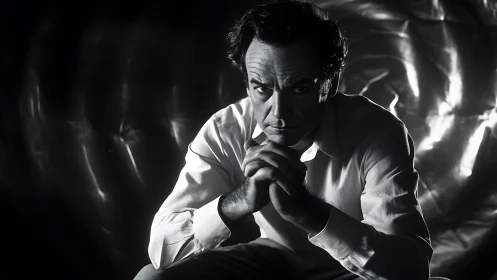 Dramatic black and white portrait of pensive man in light.